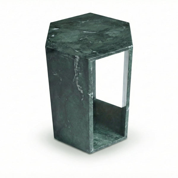 English Elm Genuine Solid Marble Hexagonal Pedestal End Table Polished Stone for Modern Living Green W1696P407999