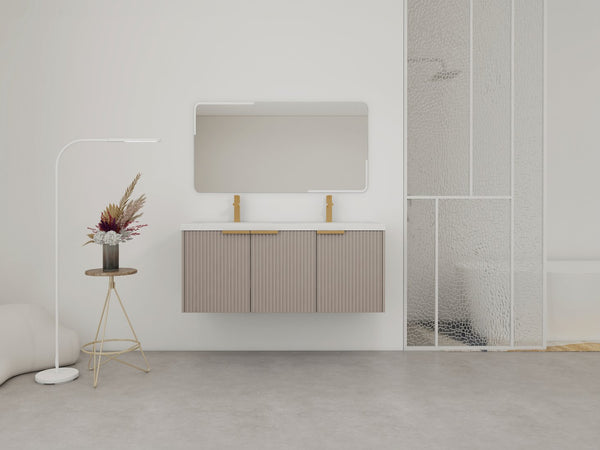 English Elm 48" Modern Wall-Mounted Bathroom Vanity With Double Sink, Soft-Close Doors & Stylish Wavy Panels W999S00353