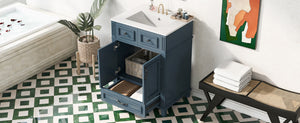 English Elm 24'' Retro Bathroom Vanity Solid Rubberwood Frame Ceramic Sink Soft Close Storage Blue N710P405405C