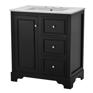 English Elm 30-inch bathroom vanity mirror cabinet set with ceramic sink, solid wood build, 3 drawers & shelves Black SV000028AAB