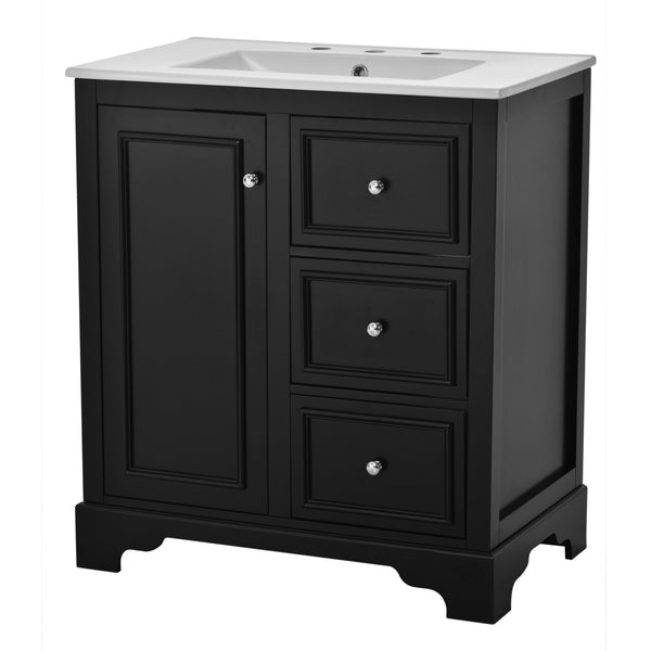 English Elm 30-inch bathroom vanity mirror cabinet set with ceramic sink, solid wood build, 3 drawers & shelves Black SV000028AAB