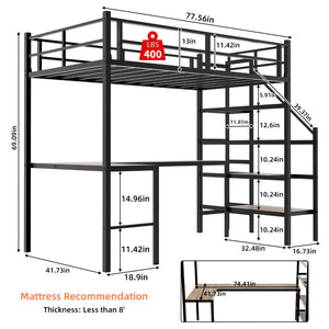 English Elm Loft Bed with L-shaped Desk Stair Storage and Full Guardrail Iron Frame Black W1935S00007