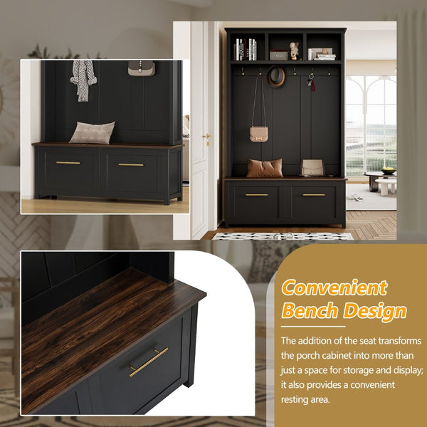 English Elm On-trend Entryway Hall Tree with Gold Hooks Bench Drawers and Shoe Cabinet Storage Black N721S000056B-1