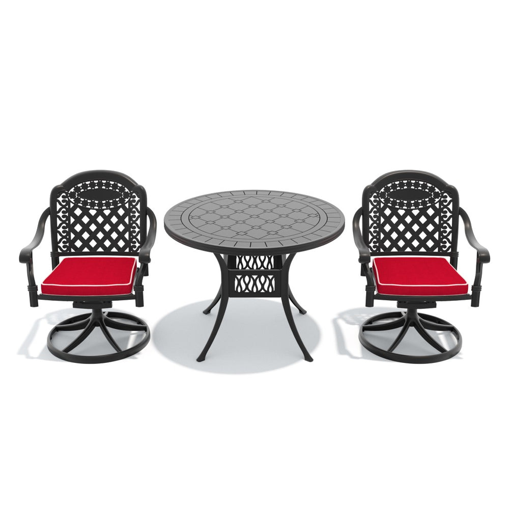 English Elm 3-piece Outdoor Cast Aluminum Dining Set with Round Table and Swivel Chairs Carved Detail W1710S00667