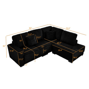 English Elm 93" Sectional Sofa L-Shaped Upholstered Corduroy 3-Seater with Reversible Chaise, Solid Wood Frame, Plush Coil-Foam Cushions Black W1097S00223