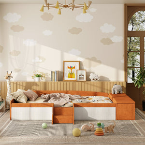 English Elm Twin Velvet Kids Daybed with Built-in Stairs Padded Guardrails and Gas Lift Storage Brown+White SF000201AAD