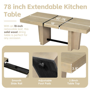 English Elm TOPMAX Solid Wood Extendable Dining Table Set for 6 with 18" Leaf, Trestle Legs, Cushioned Bench & Chairs Natural SP000089AAA