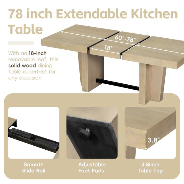 English Elm Topmax Farmhouse Extendable Rubberwood Dining Set Seats Six with Bench and Linen Chairs Natural+Beige N717S000089A