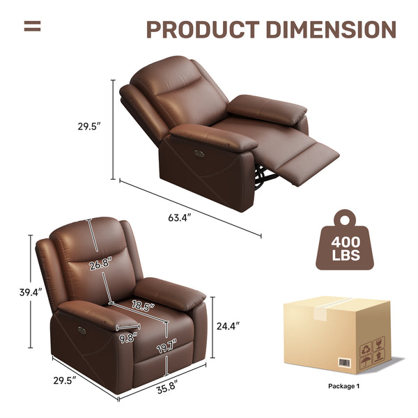 English Elm Rocker Power Recliner with USB Charging Port and 360° Swivel, Ergonomic Overstuffed Comfort Dark Brown W3795P357748