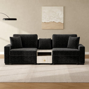 English Elm Modern Chenille Modular Sofa with Built-in Console Storage Armrest for Living Room Black N763S000063B