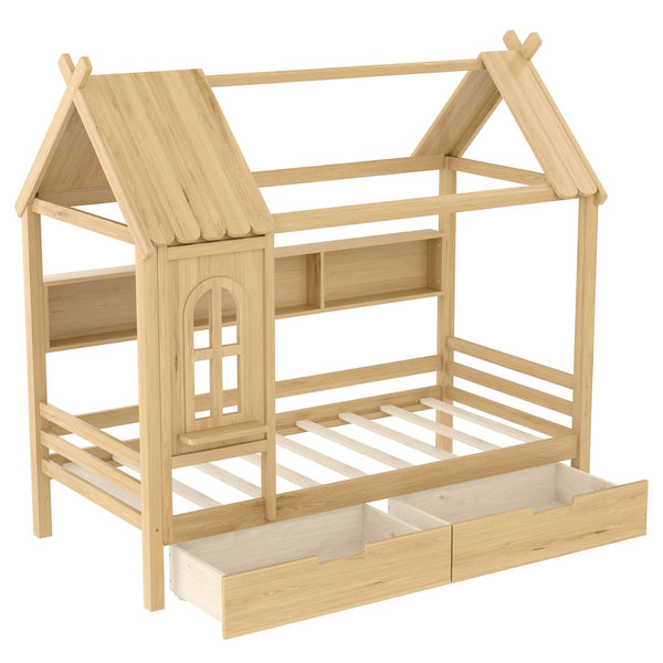 English Elm Twin House Platform Bed with Drawers & Shelves, Solid Wood Playhouse Frame for Kids, Cozy Design Natural W1580S00266