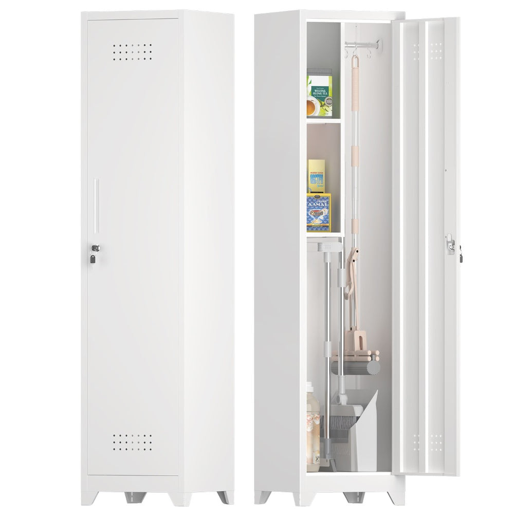 English Elm Metal Broom Cabinet Slim Steel Storage with Lock Hooks and Shelves for Utility Rooms T3625P448061
