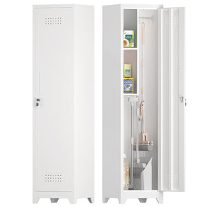English Elm Metal Broom Cabinet Slim Steel Storage with Lock Hooks and Shelves for Utility Rooms T3625P448061
