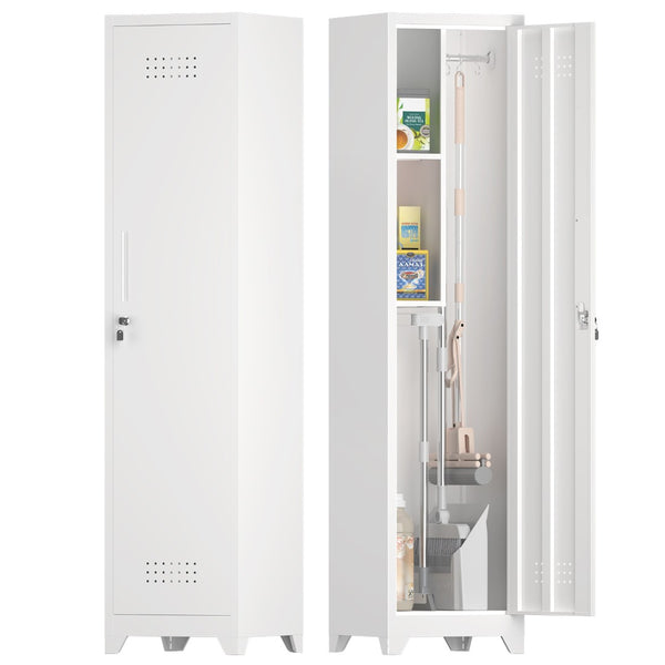 English Elm Metal Broom Cabinet Slim Steel Storage with Lock Hooks and Shelves for Utility Rooms T3625P448061