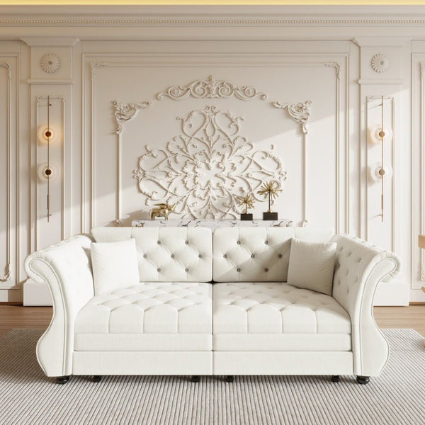 English Elm 83.8" Chesterfield Sleeper Sofa Velvet Upholstered with Flower Tufting for Living Room Beige White W1885S00400