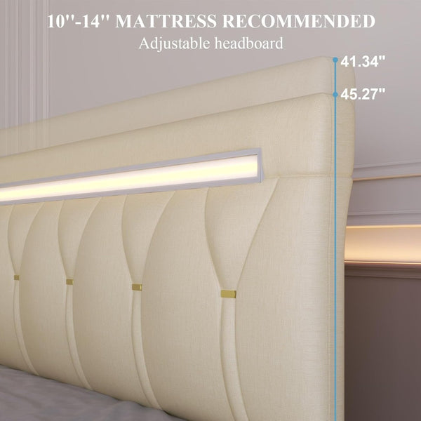 English Elm Queen Bed Frame With Led Lighting, Charging Station & Adjustable Headboard - Stylish & Noise-Free! T3825P369948-GIGA