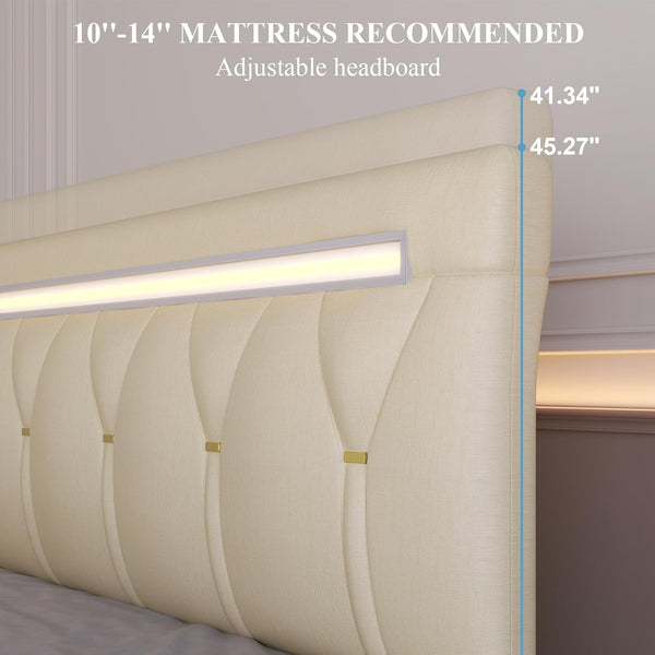 English Elm King Bed Frame With Adjustable Headboard, Led Lighting & Usb Charging - Upholstered Platform Design T3825P370072