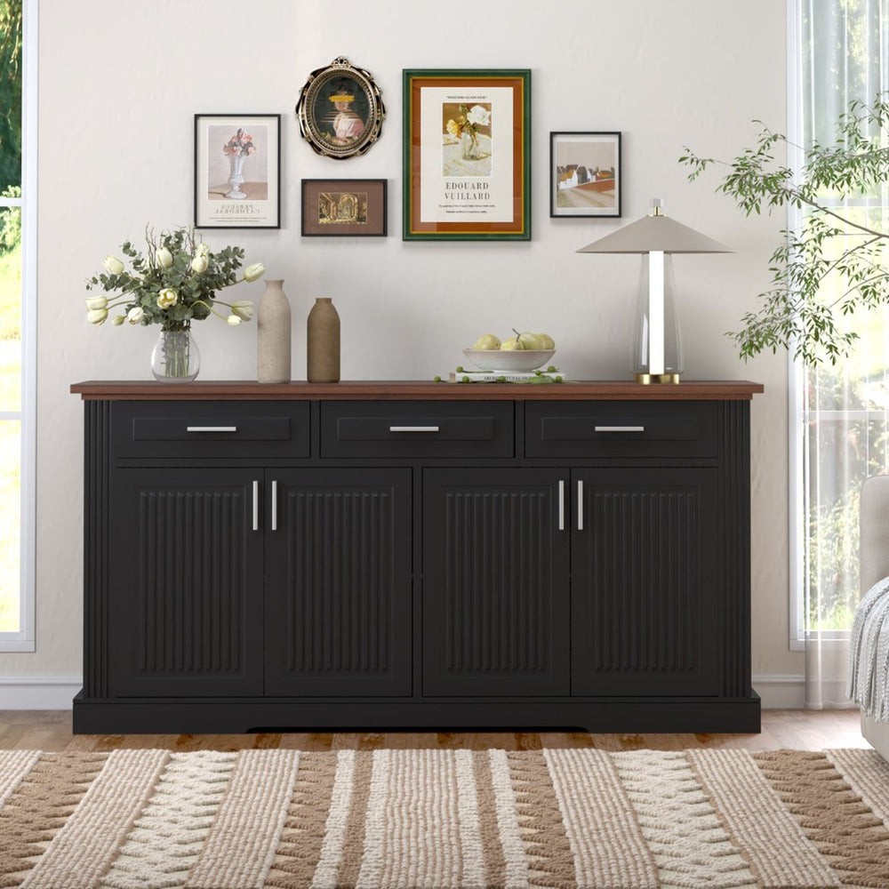 English Elm 63" Fluted Mdf Sideboard with Wood Tone Top Four Doors Three Drawers Dining Storage Black W2917S00010