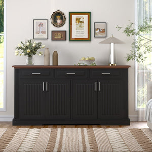 English Elm 63" Fluted Mdf Sideboard with Wood Tone Top Four Doors Three Drawers Dining Storage Black W2917S00010