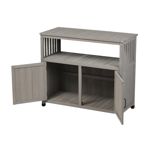 English Elm Wooden Solid Bar Height Buffet Cabinet with Slatted Panels for Patio or Dining W2640P262542