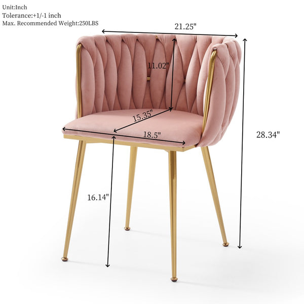 English Elm Modern Velvet Upholstered Dining Chairs Woven Back Gold Legs Set of Two W1117P440621