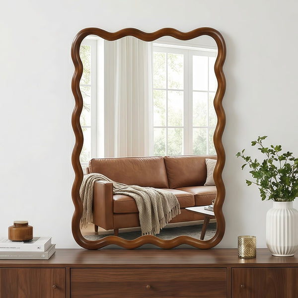 English Elm Black Walnut Solid Wood Wavy Frame Mirror Sculptural Bohemian Accent for Any Room W2203P455232