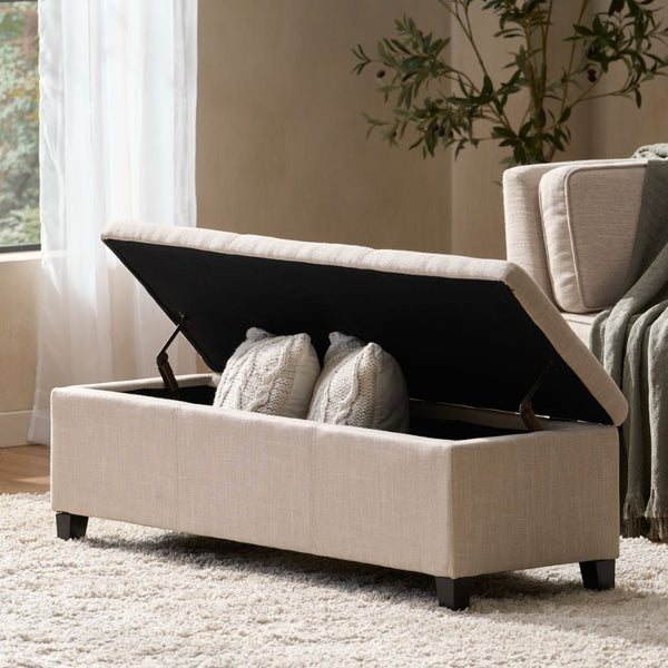 English Elm Upholstered Storage Ottoman with Solid Wood Legs Wide Hinged Bench for Living Rooms N757P414088B
