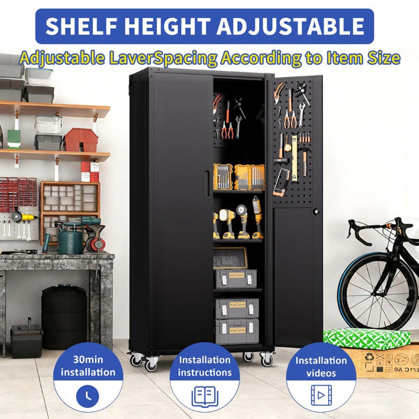 English Elm 71" Rolling Steel Garage Cabinet Lockable Doors Adjustable Shelves Heavy Duty T2398P413023