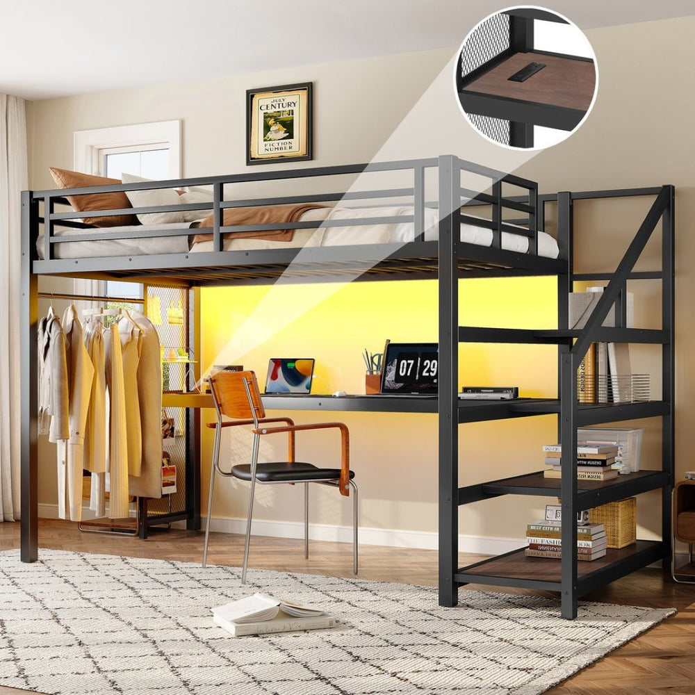 English Elm Twin Xl Metal Loft Bed with Stair Storage Shelves Sturdy Steel Frame for Dorms W1580S00481
