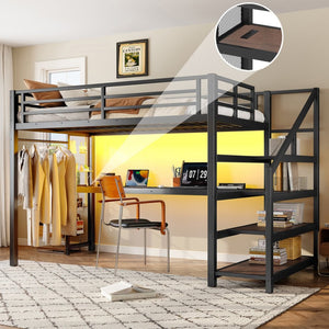 English Elm Twin Xl Metal Loft Bed with Stair Storage Shelves Sturdy Steel Frame for Dorms W1580S00481