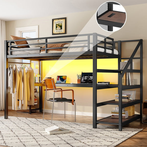 English Elm Twin Xl Metal Loft Bed with Stair Storage Shelves Sturdy Steel Frame for Dorms W1580S00481