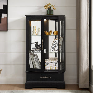 English Elm Lighted Curio Cabinet With Adjustable Shelves & Built-In Drawer - Elegant Display With Lighting, Black W1758P297549