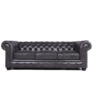 English Elm Traditional Tufted Leather Chesterfield Sofa with Feather-Down Cushions, Nailhead Trim & Wood Legs Gray B193P200137