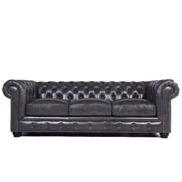 English Elm Traditional Tufted Leather Chesterfield Sofa with Feather-Down Cushions, Nailhead Trim & Wood Legs Gray B193P200137