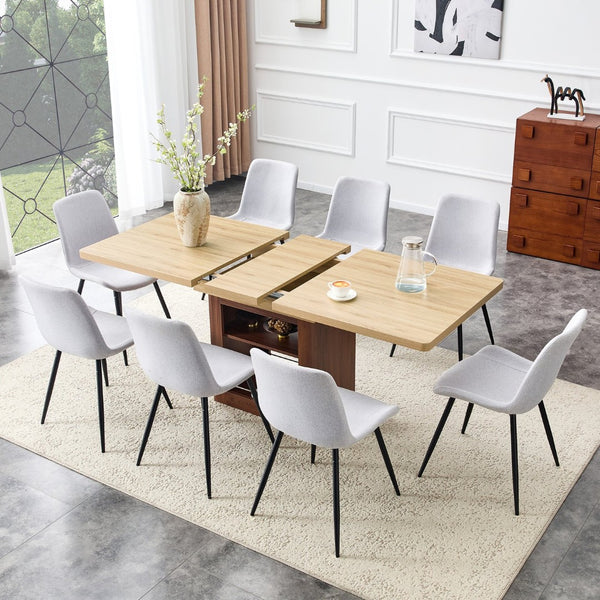 English Elm Scalable Extendable Dining Set with Wood Grain Table and Gray Linen Chairs 8 Piece W1151S04686