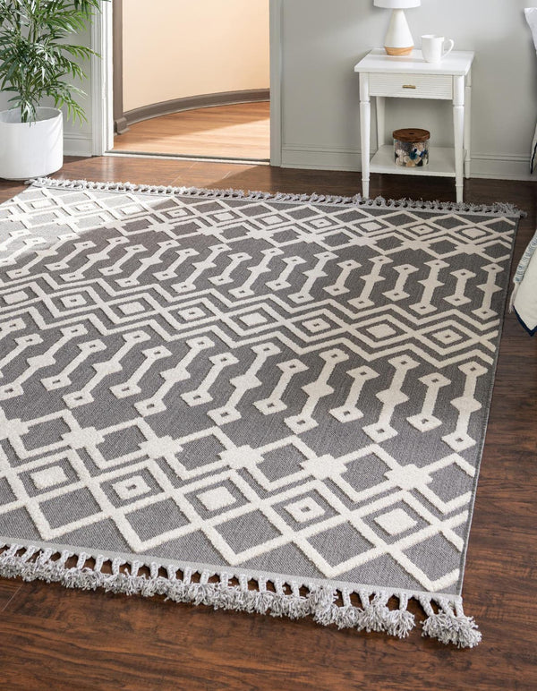 Unique Loom Arlo Lenny Machine Made Tribal Rug Charcoal, Ivory 7' 10" x 7' 10"