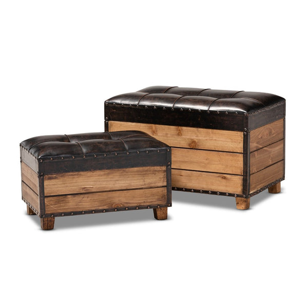 Baxton Studio Baxton Studio Rustic 2-Piece Trunk Ottoman Set - Dark Brown Faux Leather with Hidden Storage, Chic Design JY17A053-Dark Brown-2PC Ottoman Set