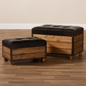 Baxton Studio Baxton Studio Rustic 2-Piece Trunk Ottoman Set - Dark Brown Faux Leather with Hidden Storage, Chic Design JY17A053-Dark Brown-2PC Ottoman Set