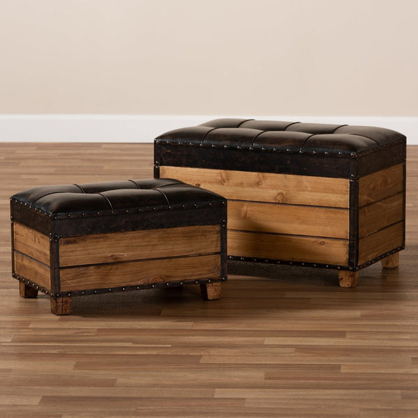 Baxton Studio Baxton Studio Rustic 2-Piece Trunk Ottoman Set - Dark Brown Faux Leather with Hidden Storage, Chic Design JY17A053-Dark Brown-2PC Ottoman Set