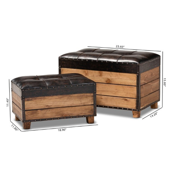 Baxton Studio Baxton Studio Rustic 2-Piece Trunk Ottoman Set - Dark Brown Faux Leather with Hidden Storage, Chic Design JY17A053-Dark Brown-2PC Ottoman Set