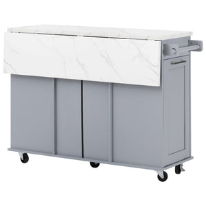English Elm K&K Vintage Convex Kitchen Island Cart with Faux Marble Top, Tilt Trash, Pull-Out Organizer, Wheels Grey+Blue N707P299008G