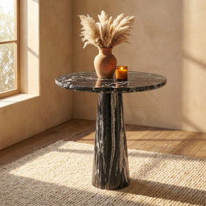 Meridian Furniture Fontelina Stone Top Pedestal Bistro Table with Sculptural Base for Intimate Dining Spaces Black Genuine Marble 919Black-DT30