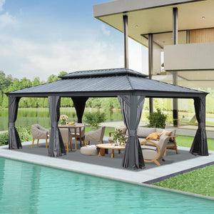 English Elm 14' X 22' Hardtop Gazebo with Drainage System, Dual-Layer Galvanized Roof, Curtains & Mesh Protection Grey W1859S00153