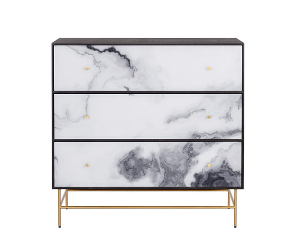 Sunpan Cordero Dresser: Modern Acacia Wood Marvel with Marble Design, Antique Brass Legs & Three Drawers