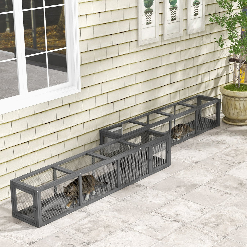 English Elm PawHut Extendable Outdoor Cat Tunnel 79" Wooden Catio Run with Weatherproof Mesh, Multi-Entry Grey+Black W2225P200585