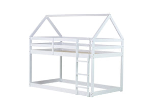 English Elm Twin Rubber Wood Floor Bunk Bed House-Shaped Design with Ladder Guardrails Sturdy Low-Profile Retreat White W504P206864