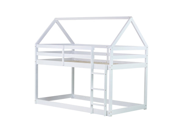English Elm Twin Rubber Wood Floor Bunk Bed House-Shaped Design with Ladder Guardrails Sturdy Low-Profile Retreat White W504P206864