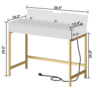 English Elm 40" Charging Station Desk with Built-In Outlets & USBs, 2 Drawers, Waterproof MDF, Compact Elegance White+Gold T3771P370790