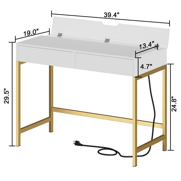 English Elm 40" Charging Station Desk with Built-In Outlets & USBs, 2 Drawers, Waterproof MDF, Compact Elegance White+Gold T3771P370790