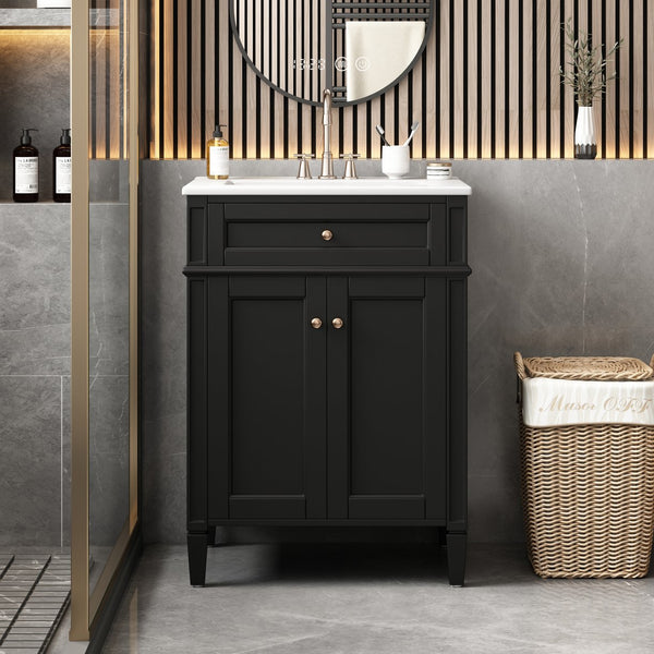 English Elm 24" Bathroom Vanity with Ceramic Basin, French-Inspired Accent Carvings, Soft-Close Doors & Storage Black N710P293309B